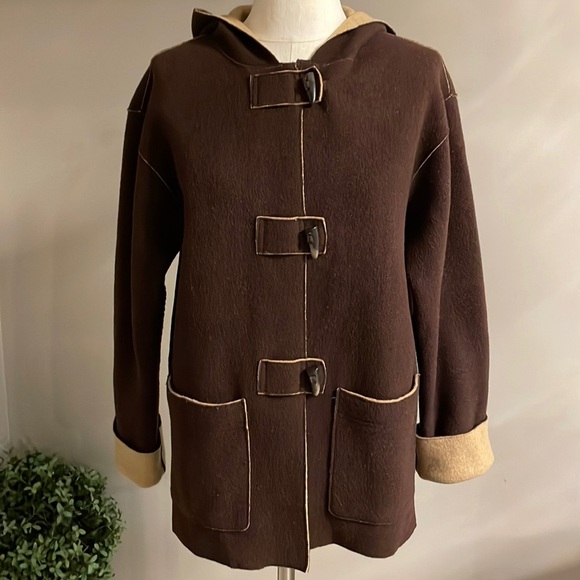 VINTAGE Lauren Ralph Lauren brown wool hooded coat horn toggle closures size MP - Picture 1 of 16